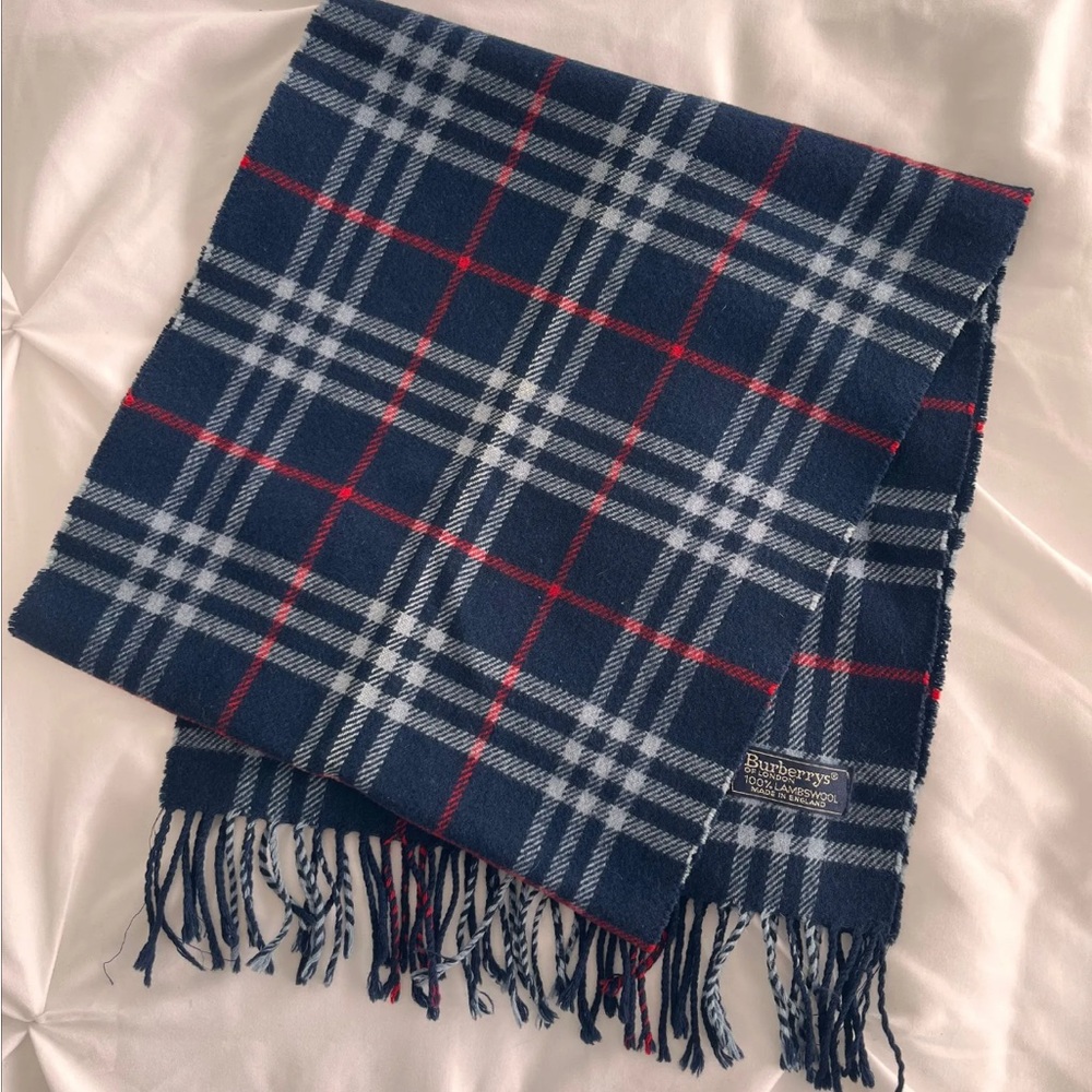 Vintage Burberry Blue and Red Tartan Scarf with Fringe